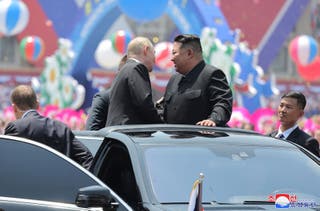 It’s all smiles for between Vladimir Putin and Kim Jong-un as their fledgling friendship is on full display at a rally in Pyongyang